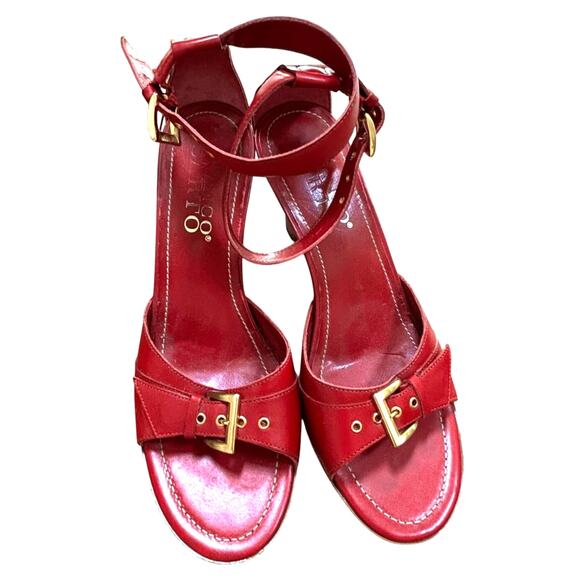 Franco Sarto red leather platform high heels sandals gold buckles US 8M - Picture 1 of 12